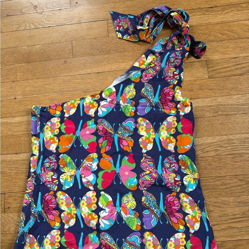 Lilly Pulitzer Roe One Shoulder Bow Silk Top Out There Butterfly Print Size 8 - Picture 2 of 5